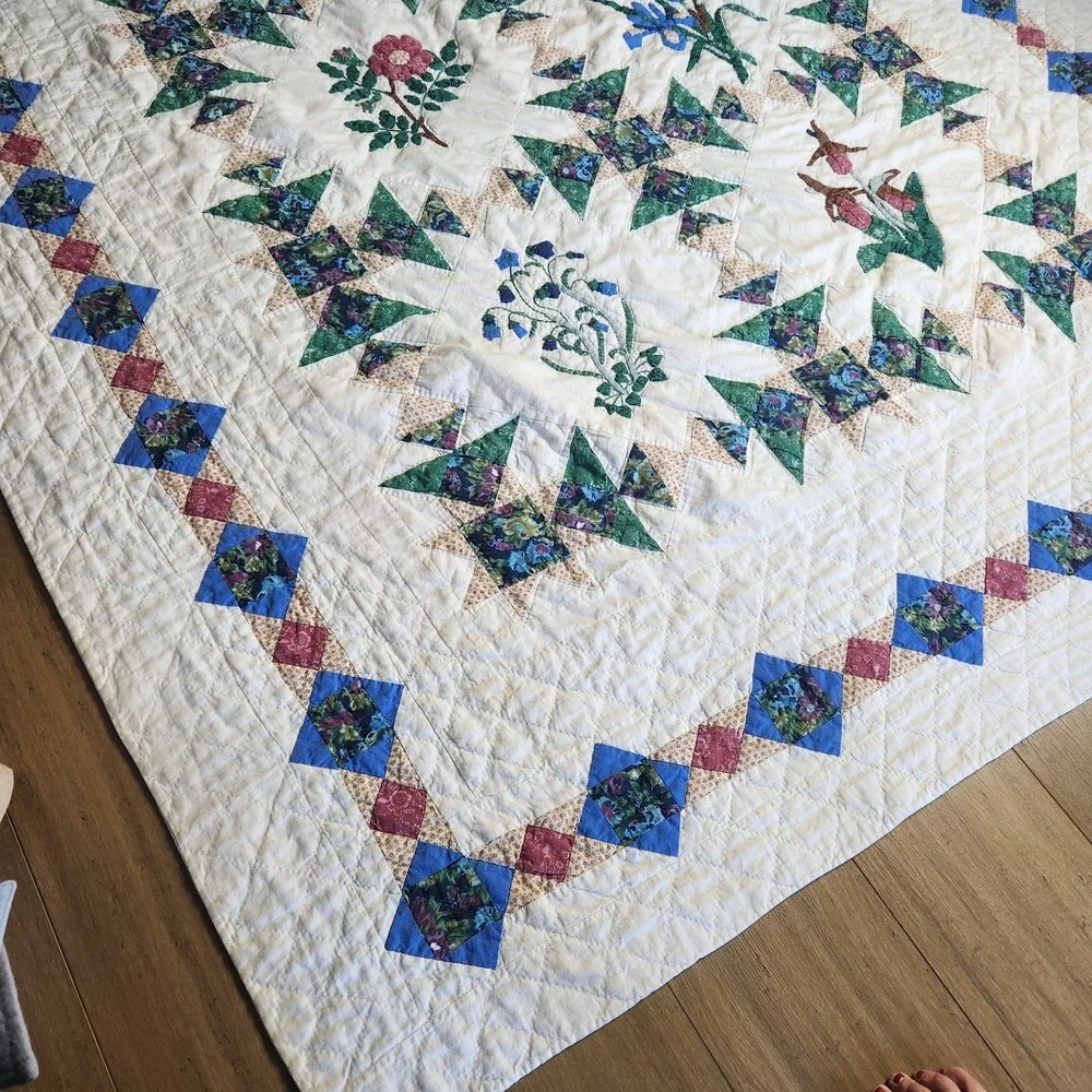 Vtg LL Bean Freeport Maine Botanical Block Applique Patchwork Quilt 62 X 80